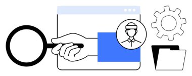 Hand holding magnifying glass examining user profile on browser window with gear and folder, symbolizing research, identification, recruitment, problem-solving, analysis, profile management, simple