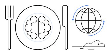 Fork, knife, plate with brain, connected globe arrows, and cloud. Ideal for education, science, learning innovation global collaboration sustainability mental health. Simple flat metaphor