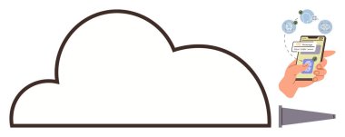 Cloud outline representing storage, mobile phone displaying file sharing process, and connectivity symbols. Ideal for data transfer, tech services, collaboration, cloud computing, innovation