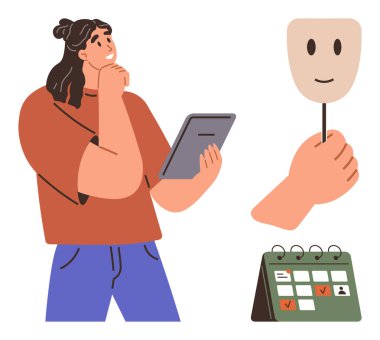 Woman holding tablet, pondering next to a hand holding a happy mask and a calendar. Ideal for planning, decision-making, identity, scheduling, mental health, emotional awareness, self-reflection