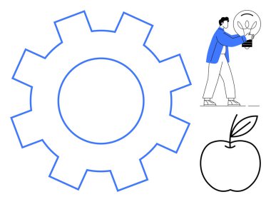 Gear symbolizing productivity, person holding a light bulb for innovation, apple for knowledge. Ideal for teamwork, education, creativity, problem-solving, efficiency strategy growth. Simple flat