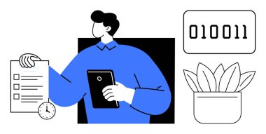 Man holding a tablet beside checklist and clock, binary code, and plant in pot. Ideal for productivity, organization, technology, task management, data minimalism remote work. Simple flat metaphor