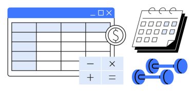 Spreadsheet window, calculator, calendar, and dumbbells emphasizing budgeting, scheduling, fitness, and organization. Ideal for productivity, finance planning time management goal tracking