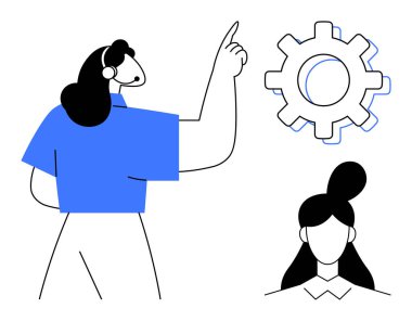 Woman pointing at large gear next to abstract female face. Ideal for teamwork, leadership, brainstorming, problem-solving, innovation, collaboration, workflow. Modern simple flat metaphor