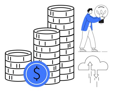 Stacked coins symbolize wealth, cloud with arrows suggests technology, person holding light bulb conveys innovation. Ideal for finance, investment, technology, creativity, growth, business strategy
