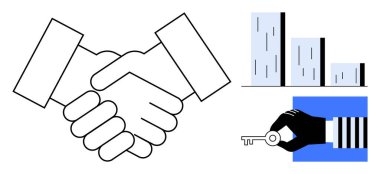 Handshake symbolizing partnership, bar graph indicating progress, and a hand holding a key for security. Ideal for collaboration, business growth, trust, success, teamwork, strategic planning simple