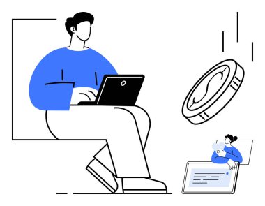 Man using laptop while large digital coin symbolizes online income. Woman appears on tablet screen. Ideal for remote work, digital economy, financial growth, freelancing, online job, e-commerce