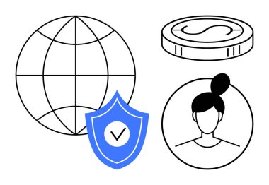 Globe, shield with check, coin, and user avatar linking global economy, online protection, and digital identity. Ideal for finance, security, globalization technology user access e-commerce