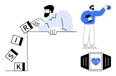 Man pushing falling blocks spelling RISK, person examining a coin, smartwatch displaying heart health. Ideal for risk management, strategy, finance, health, decision-making, technology business