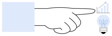 Hand pointing to rising bar chart and lightbulb with plant inside, symbolizing growth, leadership, sustainability. Ideal for business, goals, teamwork, sustainability, innovation guidance strategy