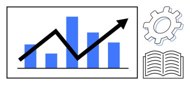 Bar chart with upward arrow signifying growth, gear representing process optimization, and open book symbolizing education. Ideal for analytics, success, strategy, knowledge, learning, business