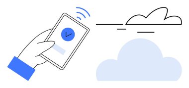 Hand holding a phone with a checkmark indicating verification, connecting seamlessly to a cloud. Ideal for security, technology, data sharing, cloud computing, communication, innovation, simple flat