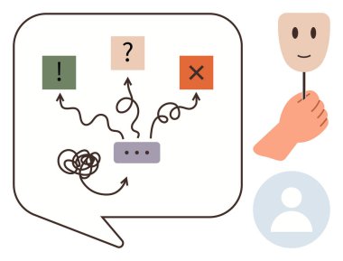 Flowchart with arrows, question marks, and tangled lines in speech bubble alongside a hand holding a smiling mask. Ideal for communication, decision, emotion, mental health, psychology