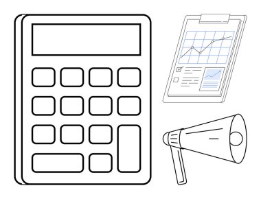 Oversized calculator, analytics report clipboard, and megaphone suggest budgeting, reporting, financial planning, marketing strategy, statistics, education, and clear communication simple flat