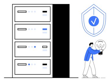 Stack of servers with a security shield and a person holding a bright light bulb. Ideal for data protection, innovation, cybersecurity, technology, storage management, IT solutions, simple flat