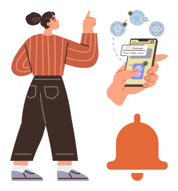 Woman points upward beside mobile screen with one-time code, security icons, and notification bell. Ideal for authentication, cybersecurity, mobile app design, alerts, user interaction, online