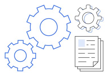 Gears interlinked with documents, representing automation, workflow, productivity, and teamwork. Ideal for efficiency, systems integration, collaboration, process innovation business growth simple