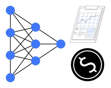 Neural network diagram with blue nodes, financial report clipboard with chart, and dollar icon. Ideal for machine learning, finance, data analysis, AI, decision-making, research business strategy