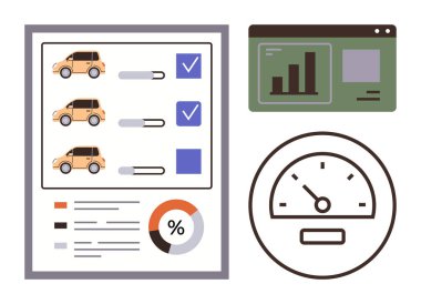 Car evaluation checklist, speedometer, and data dashboard interface with charts and graphs. Ideal for automotive evaluation, data analysis, performance tracking, statistics, efficiency, monitoring