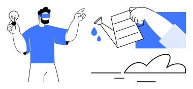 Person holding a lightbulb pointing forward, alongside a hand pouring water on a cloud. Ideal for creativity, innovation, idea development, growth, vision, brainstorming, simple flat metaphor