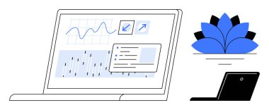 Laptop screen displaying charts, graphs, and growth indicators alongside a blooming blue lotus. Ideal for analytics, growth, business, strategy, mindfulness technology focus alignment. Simple flat