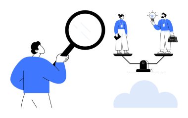 Magnifying glass focuses on two professionals balancing on scales, symbolizing evaluation, comparison, innovation, teamwork, career growth, decision-making, and equality. Simple flat metaphor