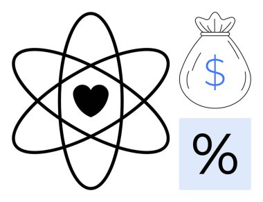 Atom with heart at center, money bag with dollar sign, percentage symbol. Ideal for finance, science, love, data, connections growth economy. Simple flat metaphor