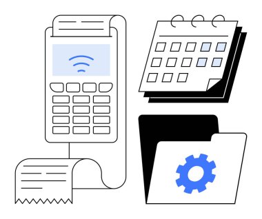 Payment terminal processing a transaction with a printed receipt, calendar for scheduling, and folder for data organization. Ideal for finance, accounting, productivity, planning, business