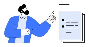 Person pointing to a stack of papers with text and checkboxes, emphasizing review or organization. Ideal for planning, evaluation, organization, checklist creation, education, management, simple flat