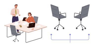 Colleagues discussing work at a shared desk with laptops and documents, alongside two connected office chairs. Ideal for teamwork, collaboration, workspace, leadership, team discussions