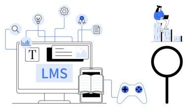 Computer screen displaying LMS interface, book, gaming controller, magnifying glass, icons for learning. Ideal for online education, e-learning, remote work, technology research knowledge