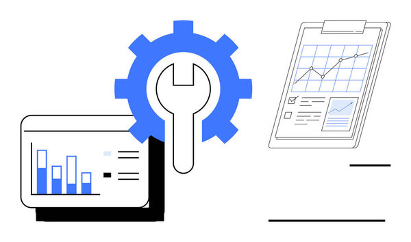 Tablet with bar chart, clipboard showing analytics, central gear representing tools. Ideal for business, strategy, analytics, planning, productivity optimization research. Simple flat metaphor