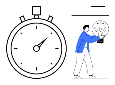 Kronometrenin yanında ampul tutan adam, zaman yönetimini, yeniliği, yaratıcılığı, fikirleri, planlamayı, üretkenliği ve verimliliği sembolize ediyor. İş motivasyonu ve kişisel büyüme için ideal