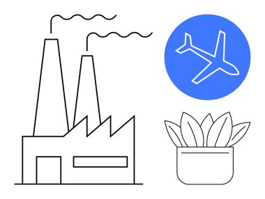 Bacaları duman çıkaran bir fabrika, mavi bir uçak ikonu ve saksı bitkisi. Sürdürülebilirlik, endüstri, kirlilik, seyahat, çevre bilinci, karbon ayak izi yenilenebilir kaynaklar için ideal