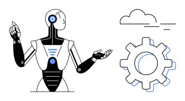 Yapay zekayı, otomasyonu ve yeniliği sembolize eden, bulut ve teçhizata doğru hareket eden mekanik tasarımı olan robot. Yapay zeka geliştirme, otomasyon, robotik, fütüristik teknoloji, makine öğrenimi için ideal