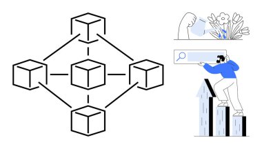 Birbirine bağlı küpleri olan engelleme ağı, el sulama çiçekleri ve büyüyen çubuklar üzerinde arama çubuğu kullanan kişi. Teknoloji, sürdürülebilirlik, araştırma, yenilik, ilerleme, dijital