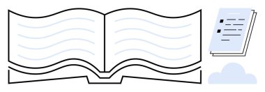 Bir doküman yığını ve bulut şeklinin yanında dalgalı sayfalar olan kitabı aç. Eğitim, öğrenme, okuma, araştırma, öğrenim, bilgi paylaşımı ve içerik yönetimi için ideal. Basit düz metafor