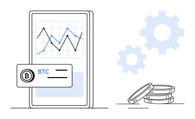 Bitcoin grafiği ve ticari detayları olan mobil uygulama ekranı, kripto para birimini temsil eden madeni paralar ve teknoloji için vites simgeleri. Finans, ticaret, teknoloji, yatırım, engelleme zinciri, dijital