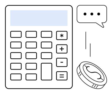 Fonksiyonel tuşları olan bir hesap makinesi, dolar işareti olan bir bozuk para ve finans, muhasebe, bütçe, kar, ekonomi, yatırım ve iletişimi simgeleyen basit bir düz metaforla sembolize eden bir konuşma balonu.