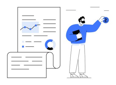 Resmi giyimli bir adam pano tutuyor ve grafikleri ve pasta grafiği olan bir mali raporun yanında para sergiliyor. Finans, yatırım, veri, analitik, ekonomi ve karar verme için ideal