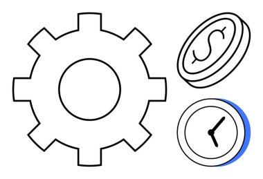 Vites, madeni para ve saat simgeleri üretkenliği, kaynak tahsisini ve zaman optimizasyonunu simgeler. İş, finans, planlama, takım çalışması kaynak yönetimi girişimciliği için ideal basit bir daire