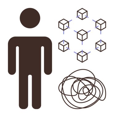 Birbirine bağlı küplerin ve karışık çizgilerin yanında insan silueti var. Engelleme zinciri, teknoloji, yenilik, karmaşıklık, problem çözme, organizasyon, insan-teknoloji bağlantısı için idealdir. Basit bir daire.