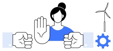 Kadın yumruklarla, rüzgar türbiniyle ve vitesle el kaldırıyor. Eylemcilik, sürdürülebilir enerji, cinsiyet eşitliği, yetkilendirme, çevresel nedenler, takım çalışması ve sosyal sorumluluk için ideal