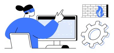 VR kulaklığı olan kişi bilgisayardaki verileri inceler, teçhizat sistemleri simgeler, güvenlik duvarı da siber güvenliği simgeler. Teknoloji için ideal, siber güvenlik, VR, veri analizi, dijital sistemler, basit yenilik