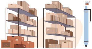 Metal raflara istiflenmiş kutular, yanında uçan bir kuadkopter ve bir paket kaldırma kalemi. Lojistik, depolama, teknoloji, e-ticaret, otomasyon, dağıtım hizmetleri, organizasyon için ideal. Temiz