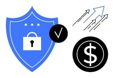 Mavi kalkanda asma kilit, onaylanmış işaret, dolar işareti ve yukarı bakan oklar finansal büyümeyi, güvenliği, istikrarı, tasarrufu, yatırım güvenilirliğini ve başarıyı simgeliyor. Basit düz metafor