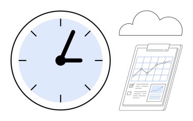 Zaman için saat, bulut simgesi ve veri tablosu olan pano. Teslim tarihleri, verimlilik, iş akışı, iş analizi, planlama stratejisi için ideal. Basit düz metafor