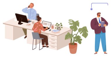 Bir masada dizüstü bilgisayar ve bitkilerle çalışan iki meslektaş, bir yönetici ise tableti gözlemleyip tutuyor. Takım çalışması, işbirliği, üretkenlik, modern işyeri, yönetim, ofis kültürü için ideal