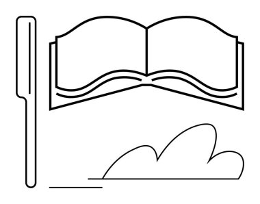Açık bir kitap, ayakta duran bir kalem ve hayal gücü, eğitim ve hikaye anlatmayı öneren bulut taslağı. Yazmak, yaratıcılık, eğitim, bilgi edebiyatı fantezi ve öğrenme temaları için ideal