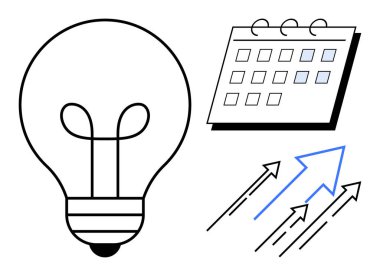 Ampul, takvim ve yukarı bakan oklar yaratıcılığı, planlamayı, beyin fırtınasını, üretkenliği, ilerlemeyi, stratejiyi ve büyümeyi simgeliyor. Ticari yenilik takım çalışması için ideal